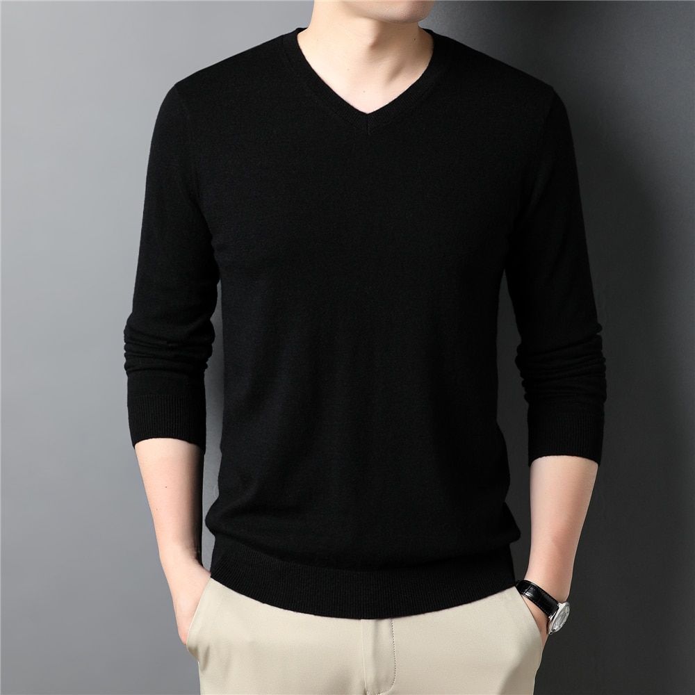 Brand 100% Merino Wool Sweater Men Clothing Autumn Winter-Black
