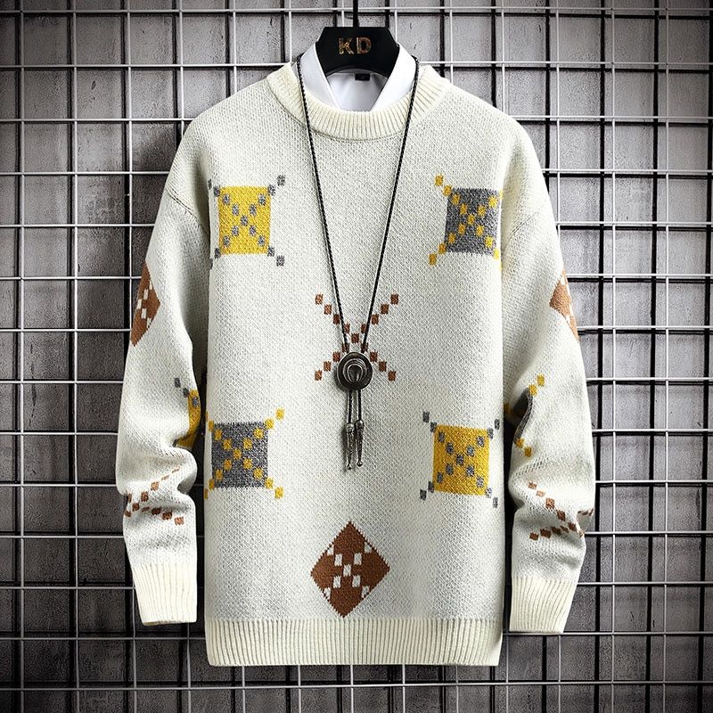 Winter Handsome Christmas Sweater Men Harajuku Mens Jumper-White