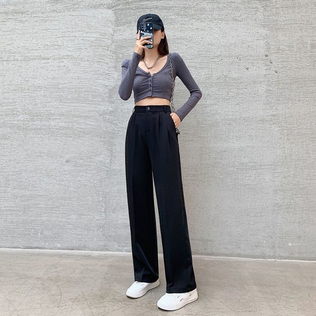 Autumn High Waist Straight Suits Pants Women Solid Office Ladies Wide Hot Pants