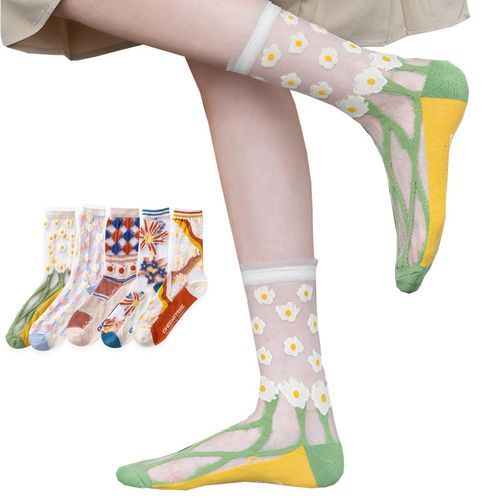 Summer Women Lace Mesh Breathable Socks Thin Crystal Socks 5Pairs