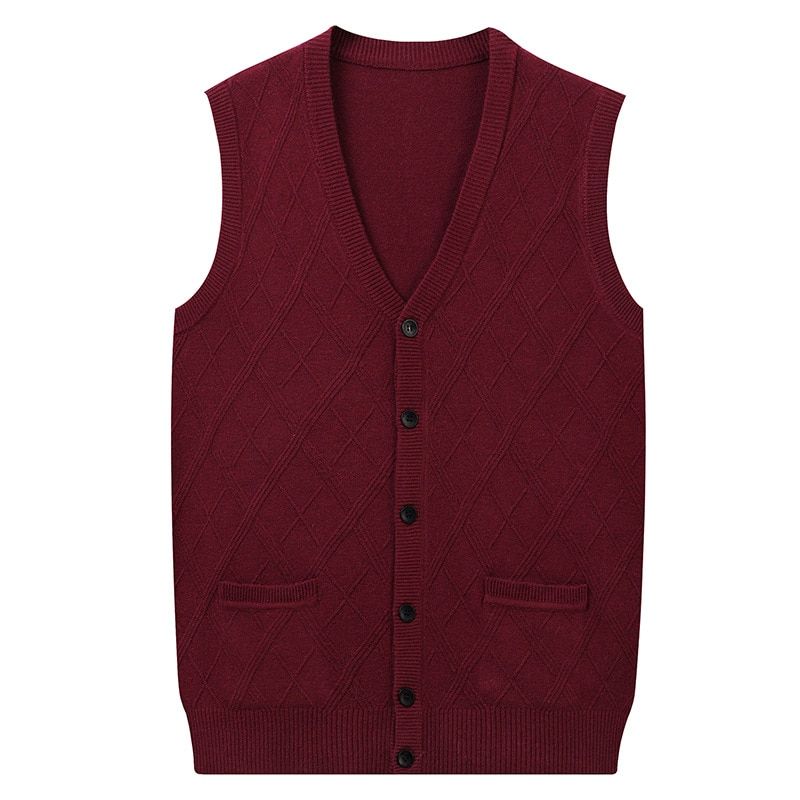 Men's V-neck Cardigan Mens Solid Sleeveless Sweaters Cardigans Wool-wine