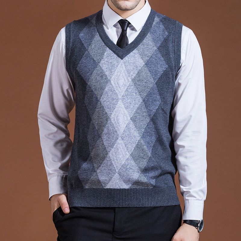 Men Tank Knit Jumpers Sleeveless V Neck Gradient Plaids Basic Sweater-Gray