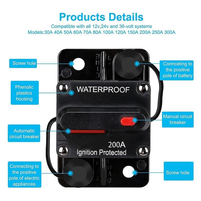 Waterproof Circuit Breaker,With Manual Reset,12V-48V DC,200A,for Car Marine Trolling Motors Boat Power Protect