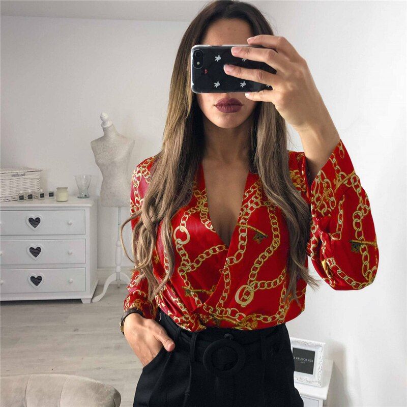 Vintage Silk Rompers Womens Jumpsuit Long Sleeve Chain Print Top Shirt Ladies Deep V Neck Key Printed Sexy Satin Bodysuits(#Black)