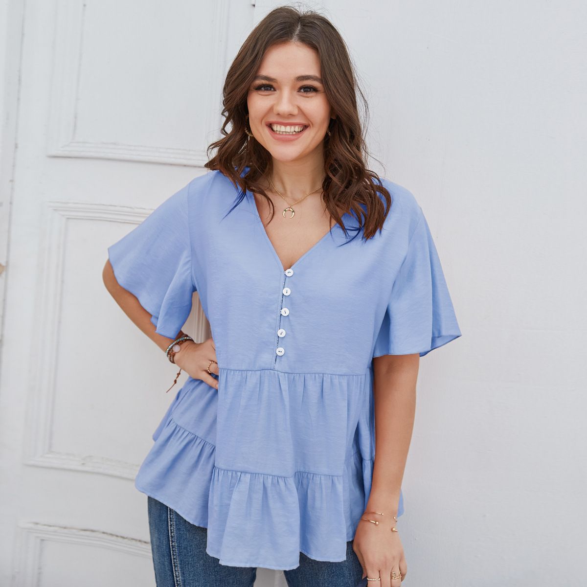 XL-4XL Women V Neck Short Sleeve Office Plus Size Blouse Work Tops Blue 2783