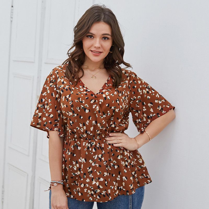 XL-4XL Women V Neck Ruffled Short Sleeve Plus Size Blouse Caramel 2660