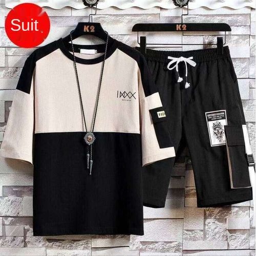 2 In 1 Men's Cotton Short Sleeve Shorts Set-Black