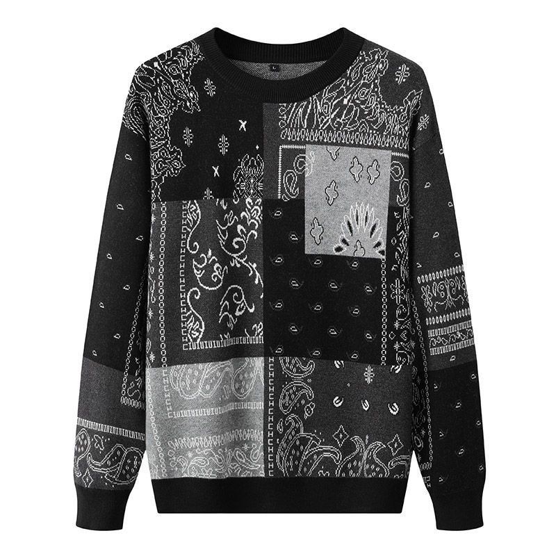 Brand High End Luxury Trend Cashew Nut Flower Round Neck-Black