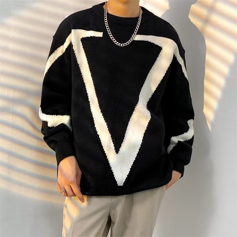 Oversize Knit Sweater Men Korean Style Design Round Neck-black