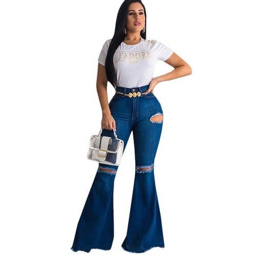 Women Round Drilled Flare Jeans