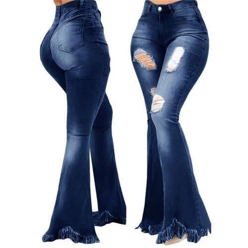 Broken Hole High Waist Tassel Flare Jean - Dark Blue