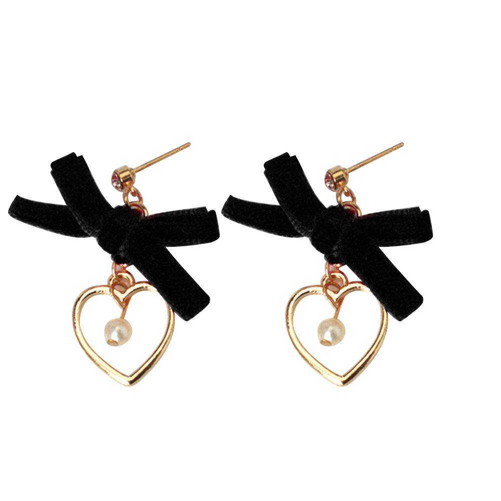Cute Bowknot Imitation Pearl Hollow Love Heart Dangle Rhinestone Stud Earrings-Black