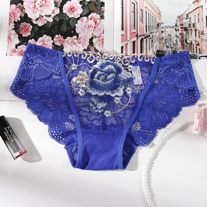 (Blue)New Lace Underwear Women Panties Embroidery Transparent Briefs Seamless Panties Lingerie Ladies Underpants Female Knickers DOU