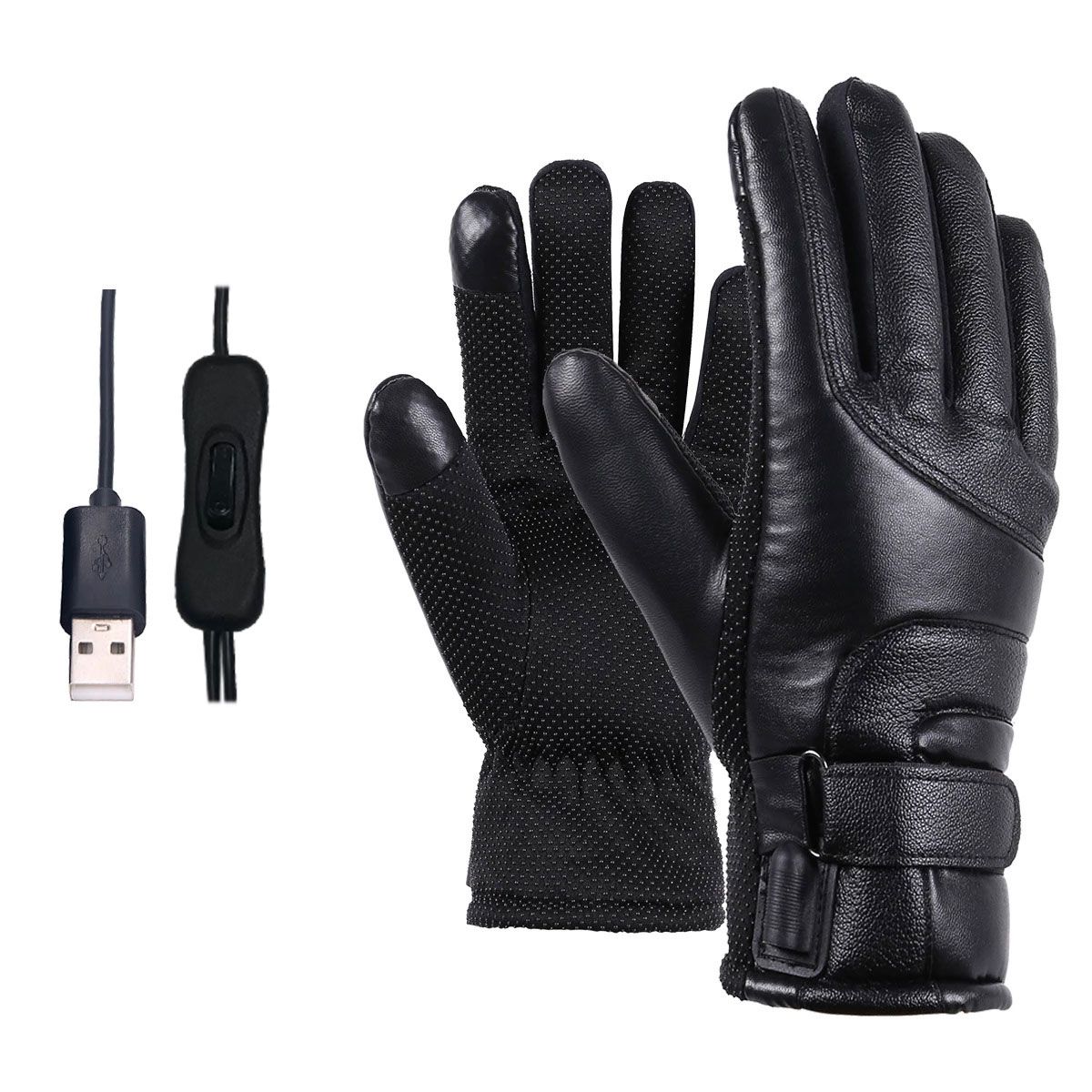 (black)Men Heated Gloves USB Rechargeable Hand Warmer Electric Heating Gloves Winter Thermal T GRE