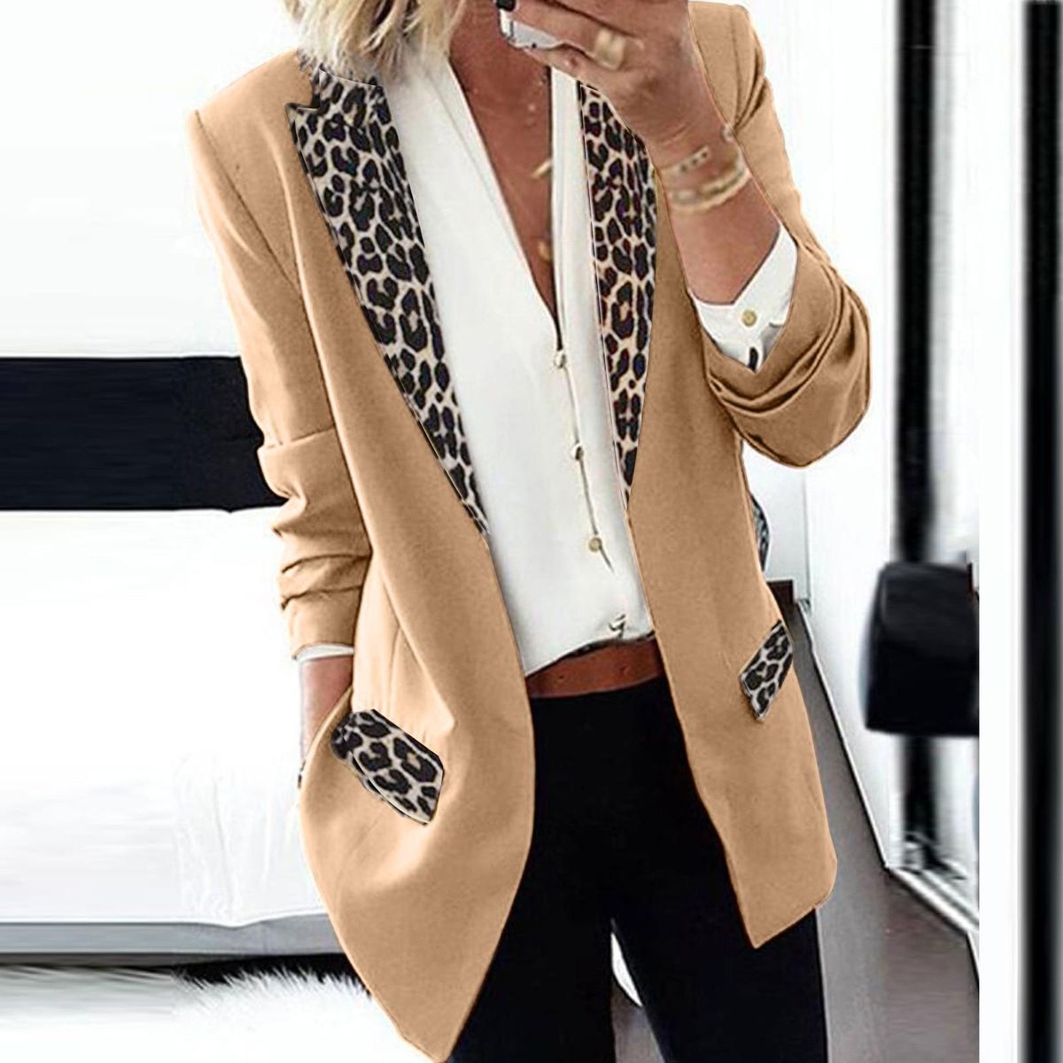 Fahion Women's Lapel Cape Leopard Notch Laple-Blazer Office Suit Outwe