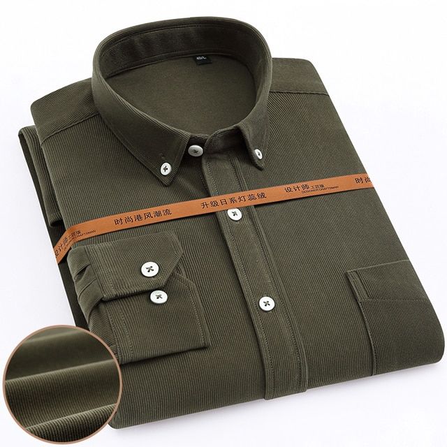 Men's Japan Style Autumn Casual Solid Corduroy Shirts Single Patch Pocket Comfortable Soft Long Sleeve Standard-fit Work Shirt Old Moss Green