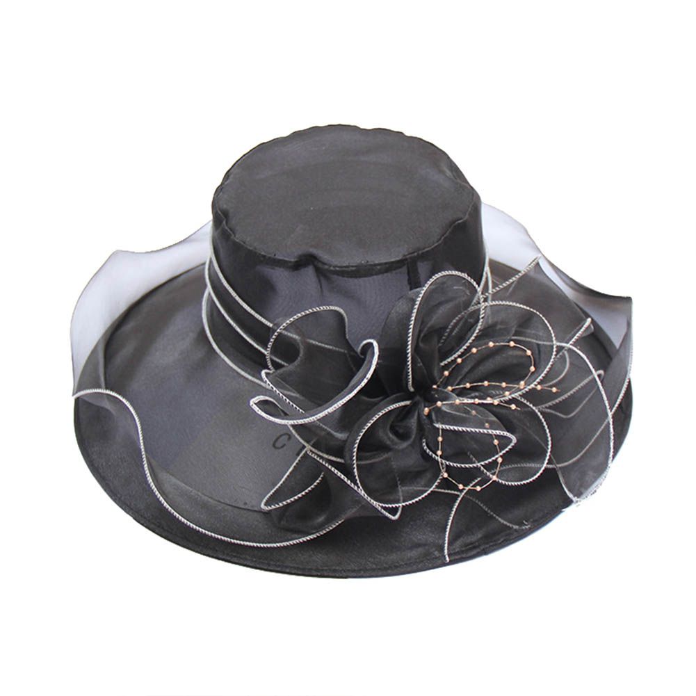 Floral Organza Wide Brim Church Kentucky Derby Fascinator Lady Tea Party Sun Hat-Black