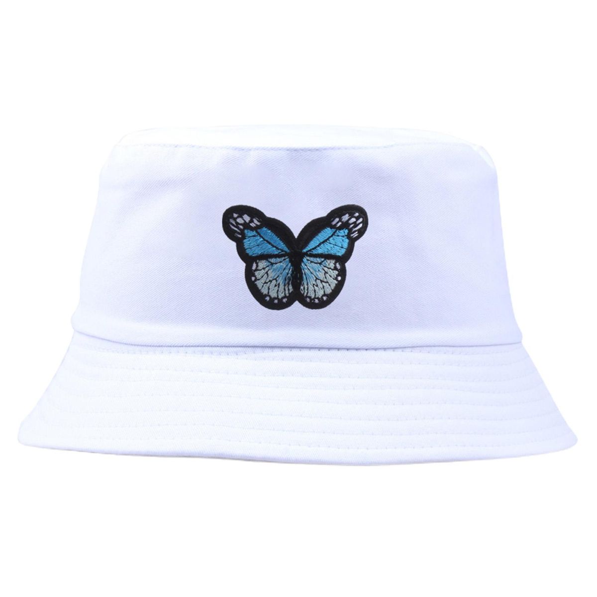 Bucket Hat Butterfly Sun Protection Elegant Embroidery-White