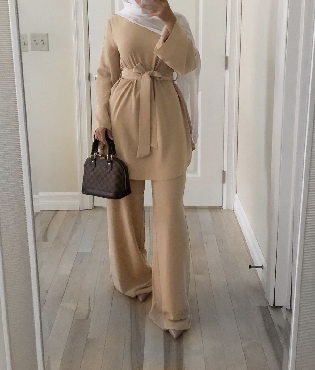 2pecs Set Blouse Wide Leg Pants Women Dubai Muslim Abaya Lace-up Solid Ropa De Mujer Kaftan UAE Islamic Clothing Turkey African（#Khaki）