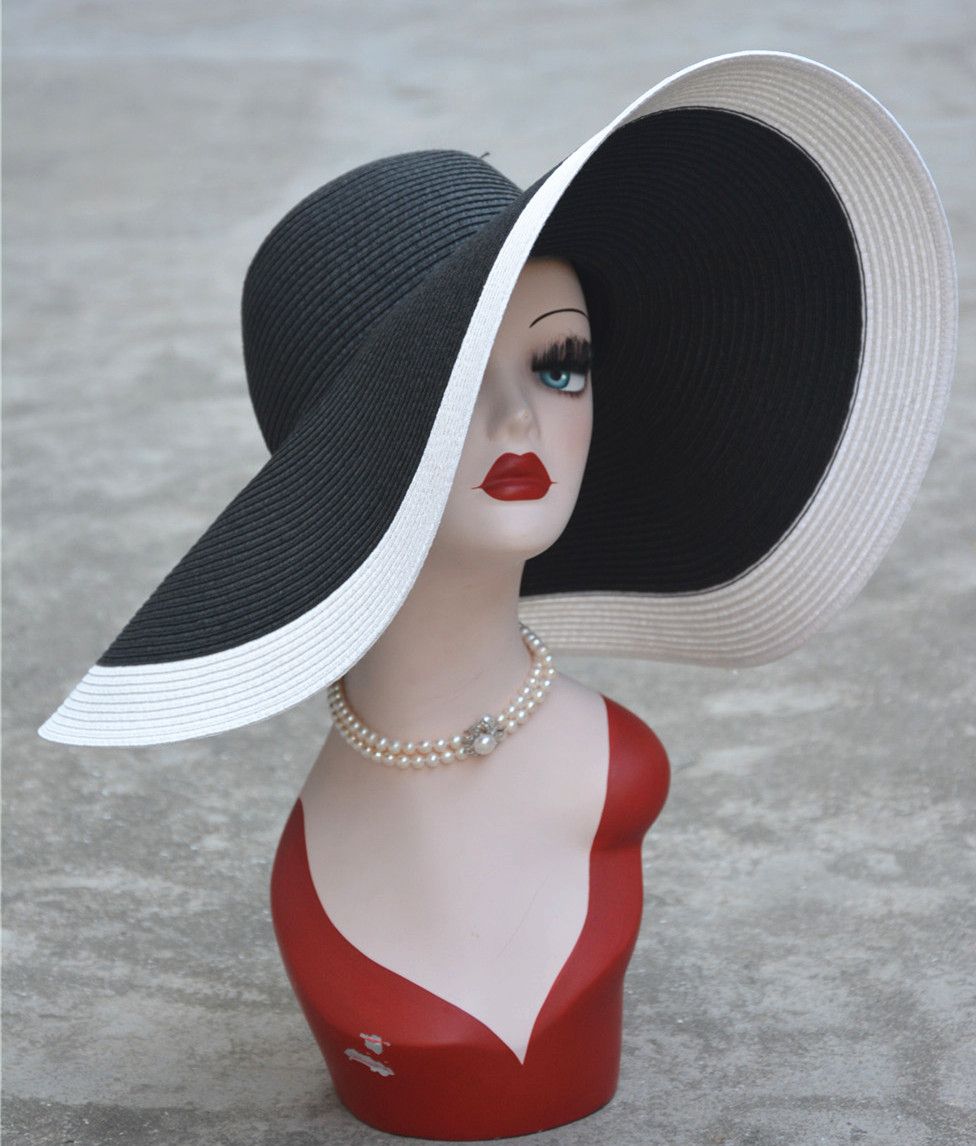 （Black Top White Brim）7.1''/18cm Foldable Oversized Huge Wide Brim Sun Beach Hats Straw Summer  RA