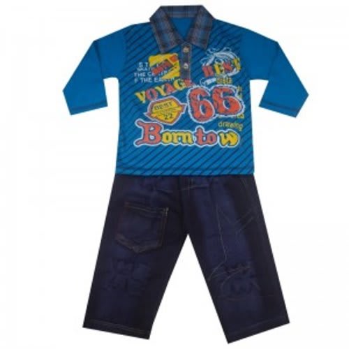 Boys Long Sleeve Checked Collared T-Shirt With Jeans Trouser - Blue