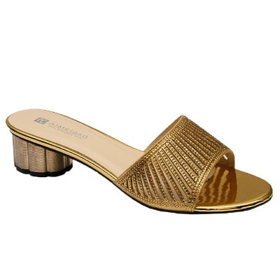 Vanessa Laser Cut Studded Slipper With Kiwi Heel - Gold