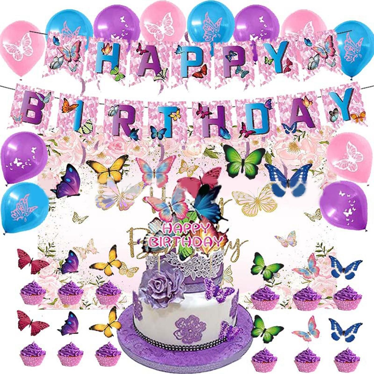 1 Set Birthday Party Props Banner Balloon Cake Topper Set Butterfly Birthday Party Decor
