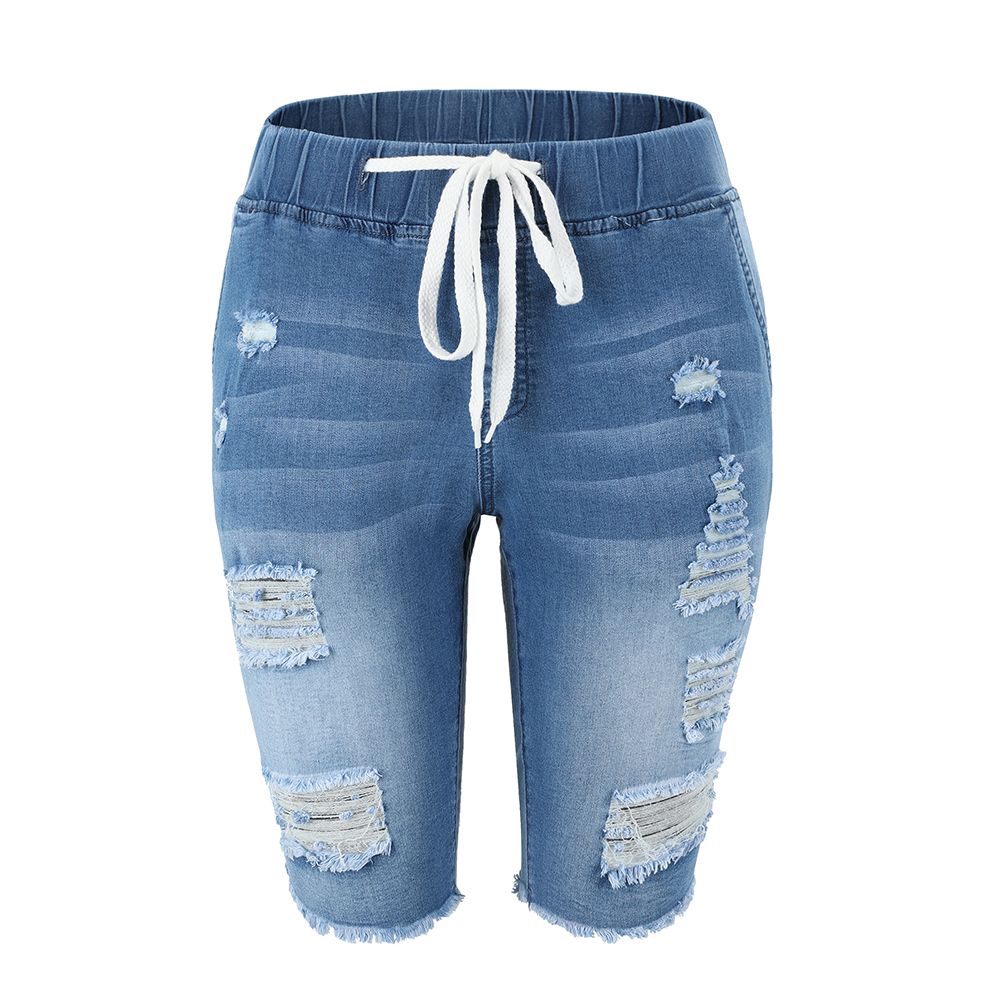 (Blue)Summer Denim Ripped Bermuda Shorts Women Blue Drawstring Closure Distressed Knee Length Stretch Short Jeans DOU
