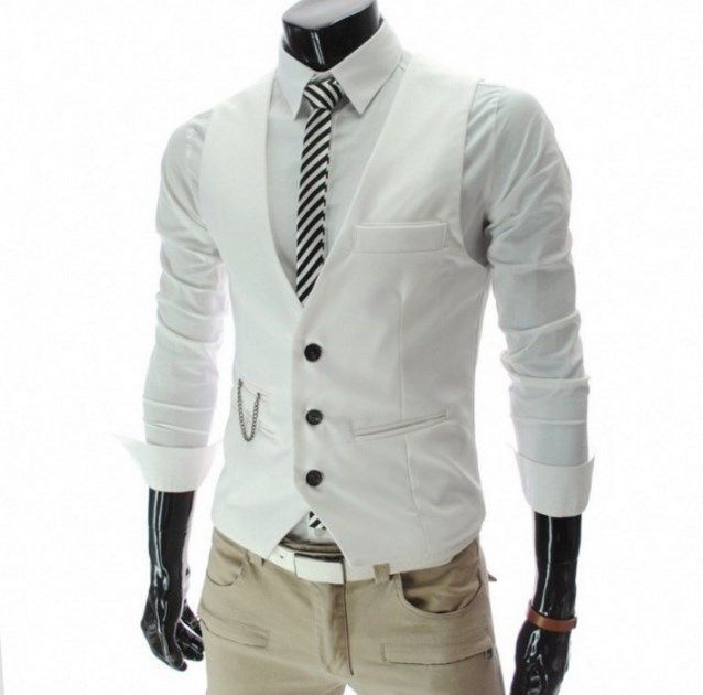 Business Casual Suit Vest Mens Weeding Prom Dress Waist Coat For Men Sleeveless-White
