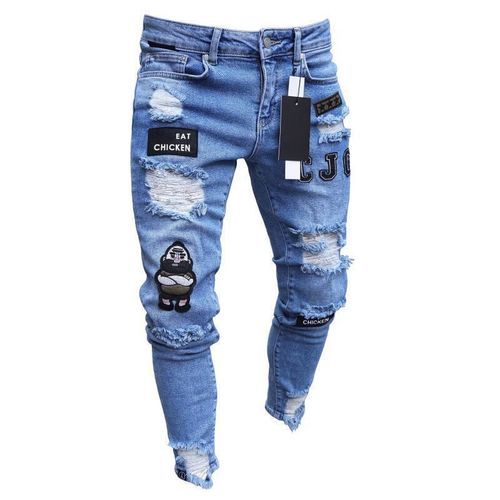Men's Fashion Casual Badge Knee Shredded Tiny Feet Denim Trousers-806 Blue