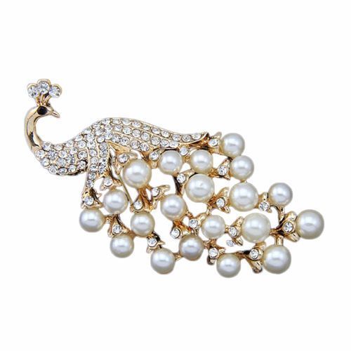 Jewelry Peacock White Pearl Imitation Woman Brooch Gold