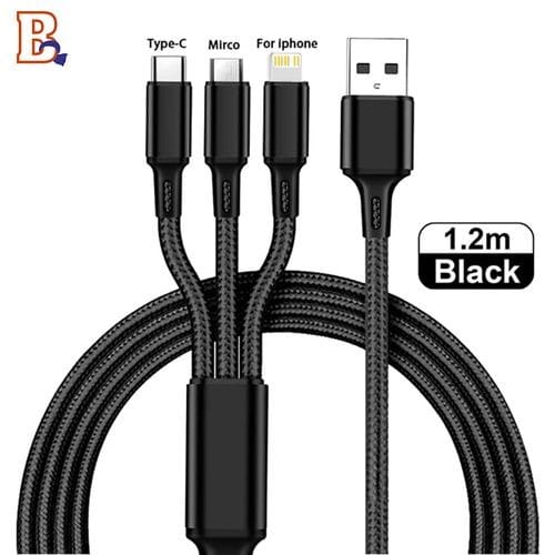 3 In 1 3a Type-c USB Data Charging Cable - Black