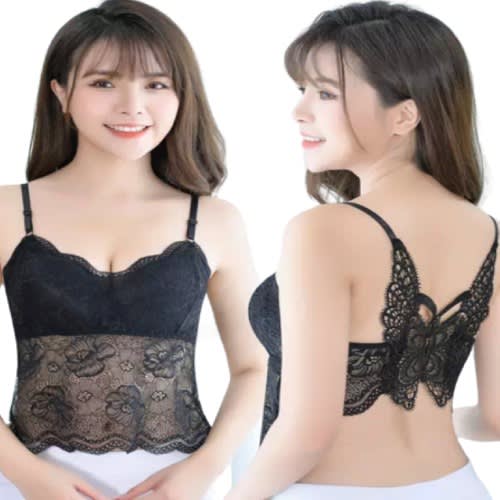 Stretchy Lace Camisole Bra Combo With Removable Pads – Black