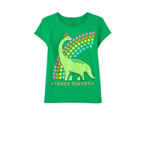 Girls Glitters Rainbow Dinosaur- Brachiosaurus Graphic Top - Green