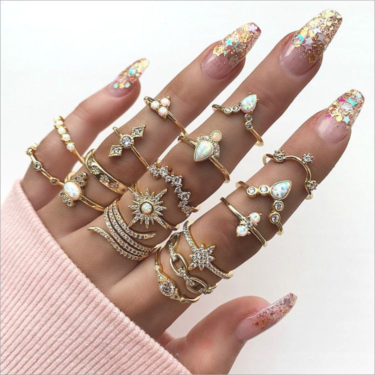 Fashion 17-Piece Diamond-set Ring Set Women Bohemian Rings