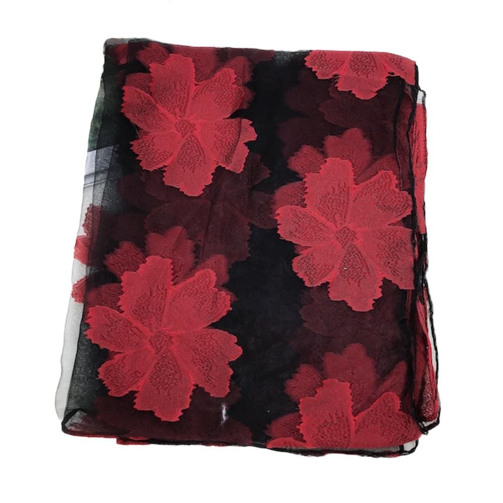 Women Floral Embroidery Sheer Anti UV Long Neck Scarf-Red
