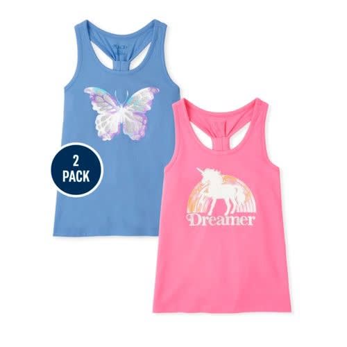 Girls Glitters Unicorn/Butterfly Cut Out Tank Top - Blue/Pink - 2 In 1