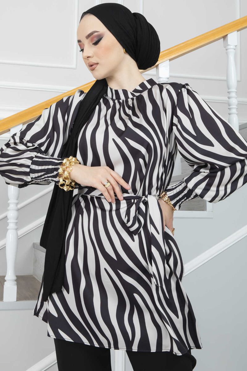 Satin Women Tunic Muslim Tops Luxury Dubai Turkish Dress Modest-Zebra Ecru