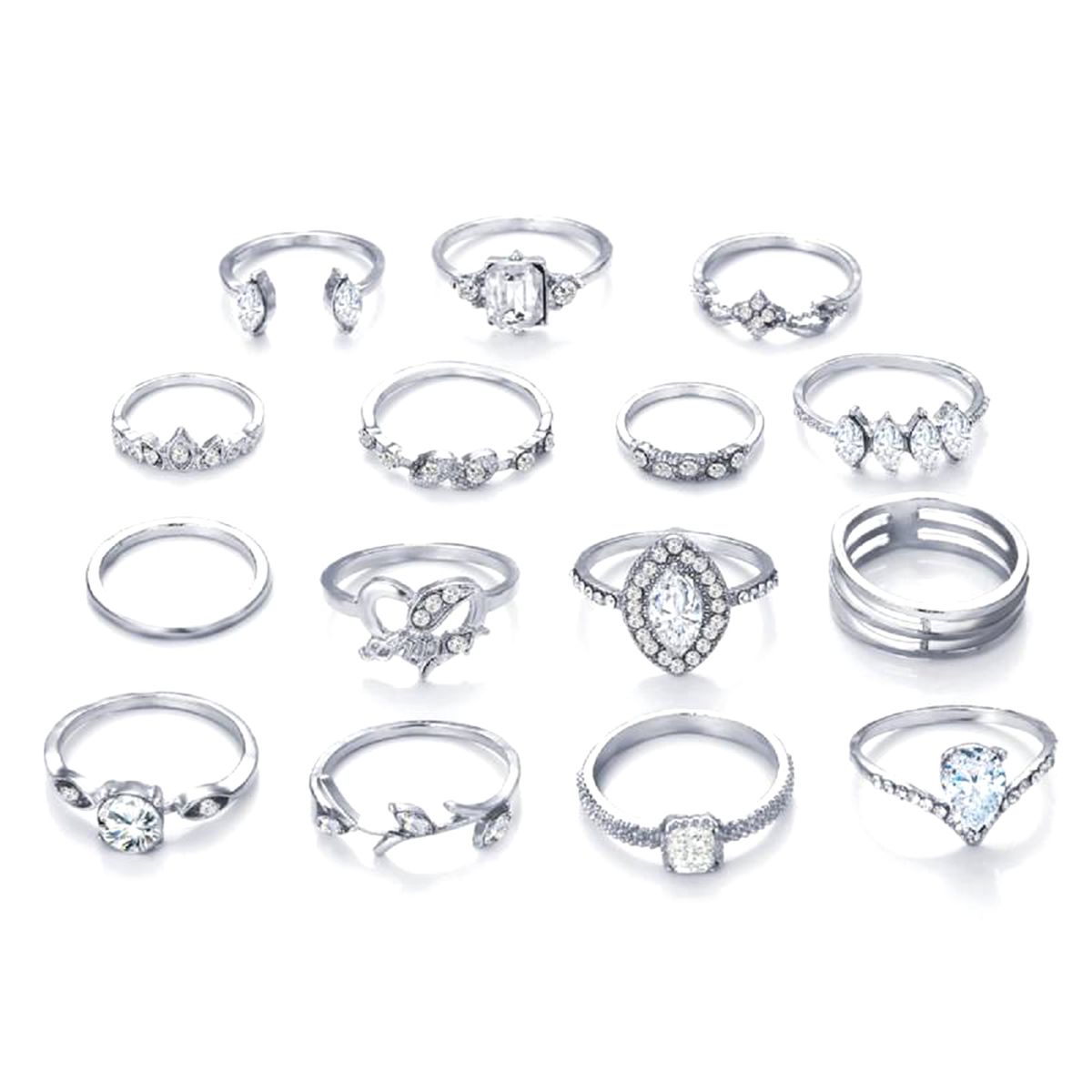 15Pcs/Set Women Bohemian Rhinestone Stackable Finger-Silver