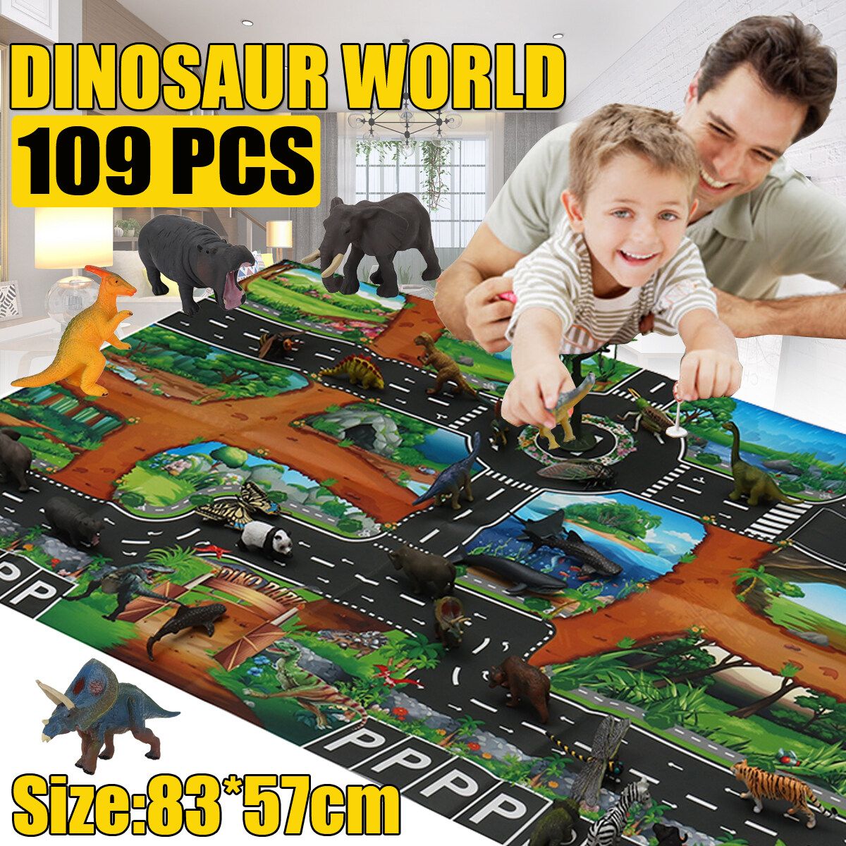 Children Dinosaur City Map Model Toy Indoor Crawling Mat Game Pad 83*57CM 109pics Suit (bag)