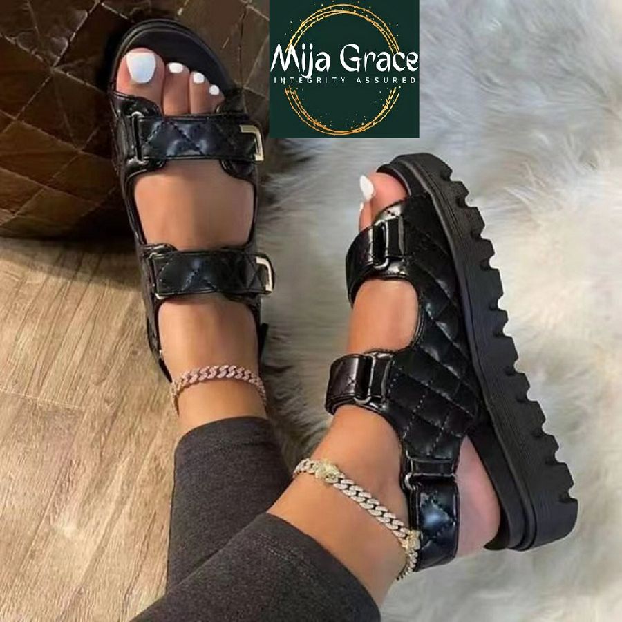 {MijaGrace} Women's Casual 2 Straps Soft Sole Flat Platform Sandals  - Black