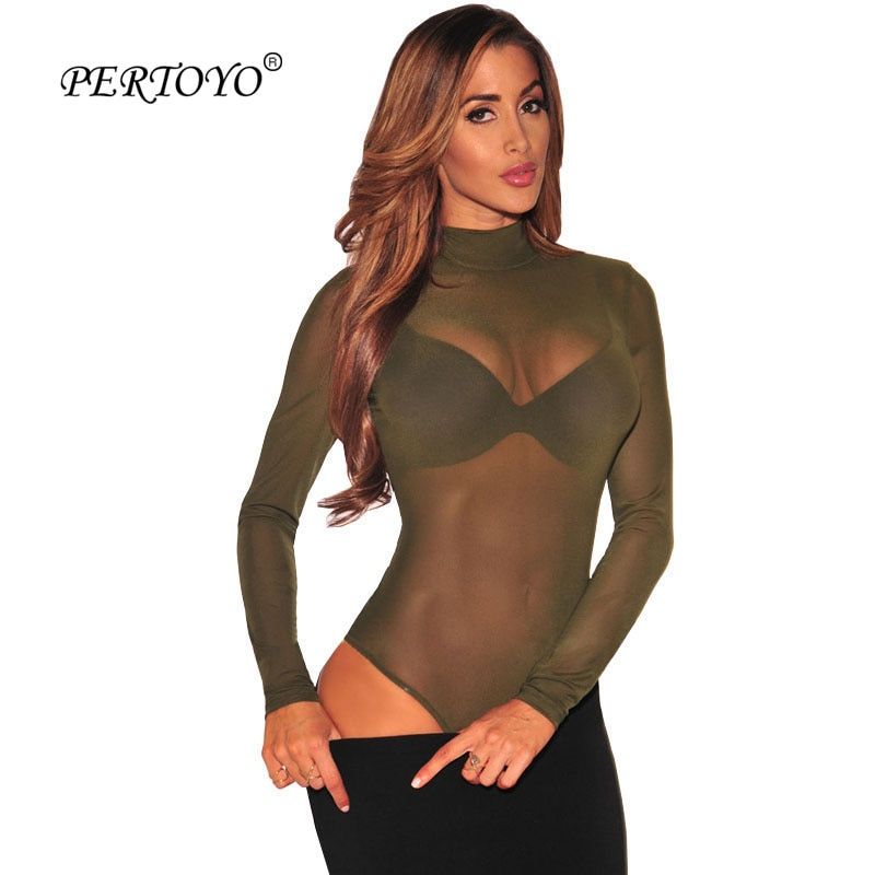 Nude Mesh Bodysuit Rompers Bodycon Jumpsuit Turtleneck Skinny Bodysuits Transparent New Women Sexy Body Clothing(#Blue)