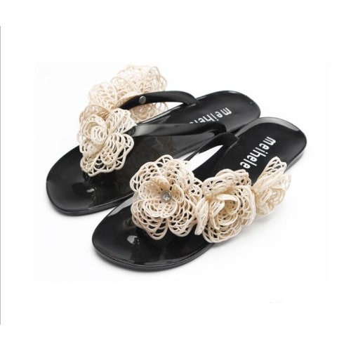 Flowered Net Flat Slippers - Black