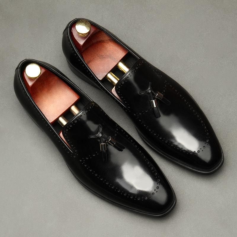 Black Fashion Classic Mens Tassel Loafer Shoes Genuine Leather Black
