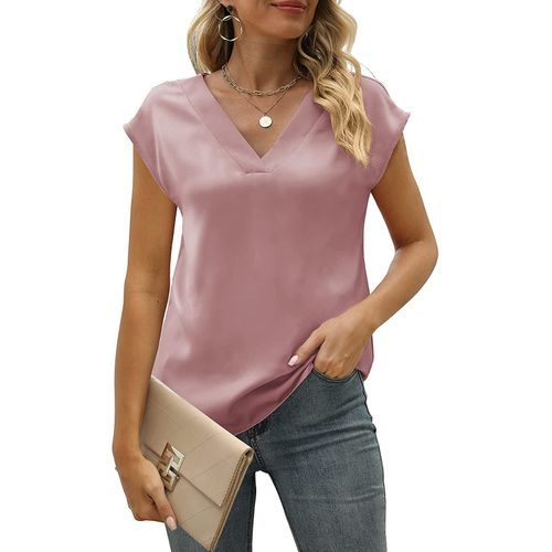 Light Pink Cap Sleeve Silk Tops V Neck Satin Blouse Elegant Loose Fit Shirt Available In S-5XL