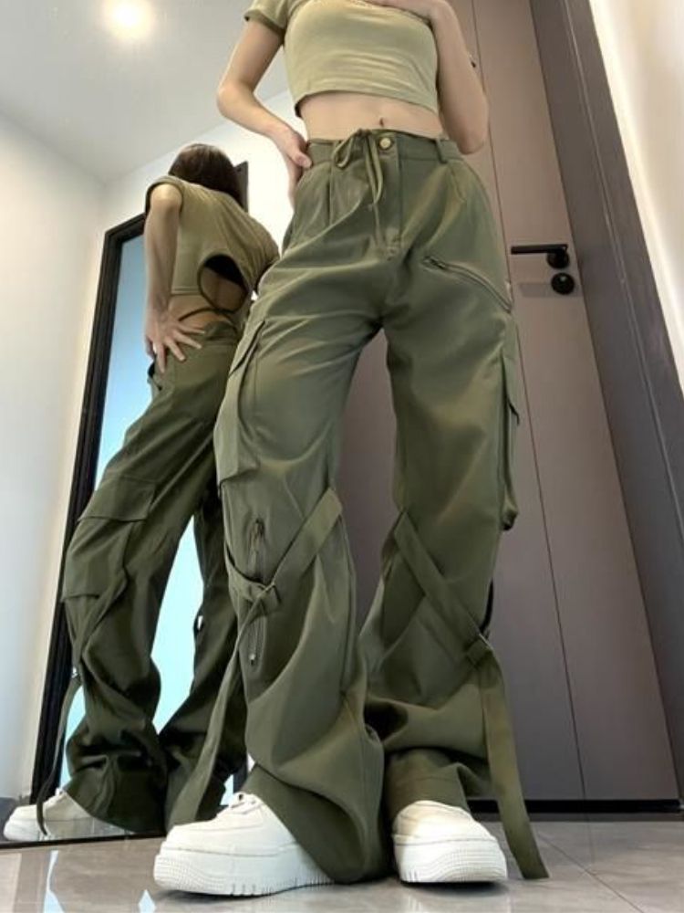(army Green)Cargo Casual Pants Women Baggy Teens Trousers Pantalones Uni Clothes High Waisted European Fashion Multi Pockets Temper Chic DOU