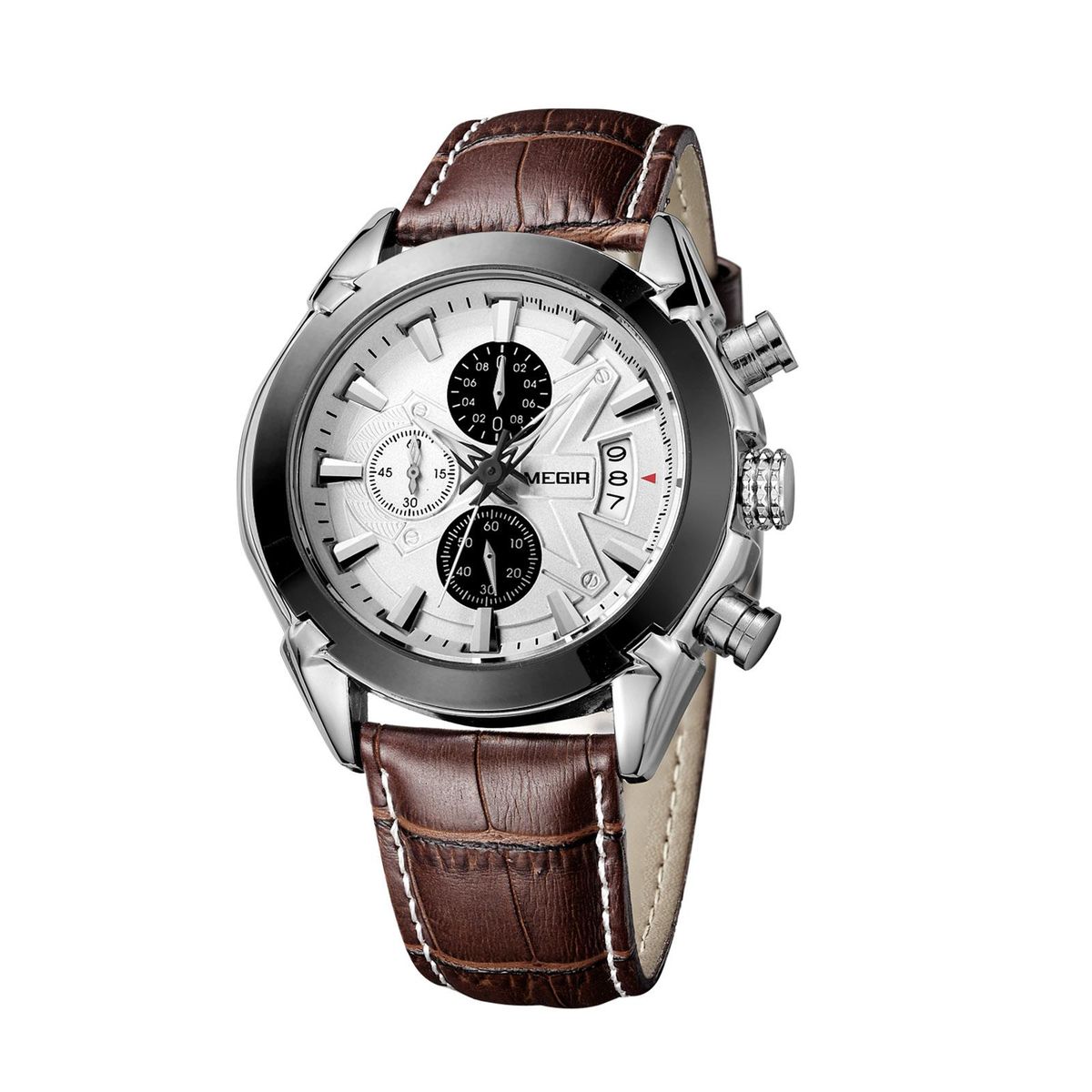 Megir Branded New Fashion Man Watch Genuine Leather Band 3 Small Dials Quartz Wristwatch Analog Display Date Chronograph Black/Brown Relogio Masculino