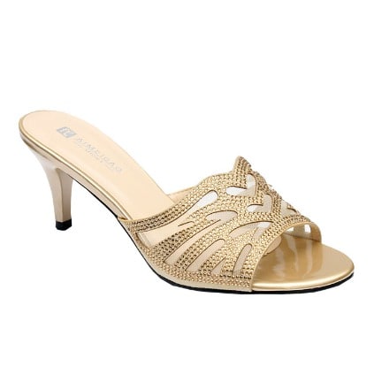 Mia Studded Laser Cut Heeled Slipper - Gold