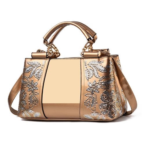 Sequined Laminated Pu Leather Handbag - Gold