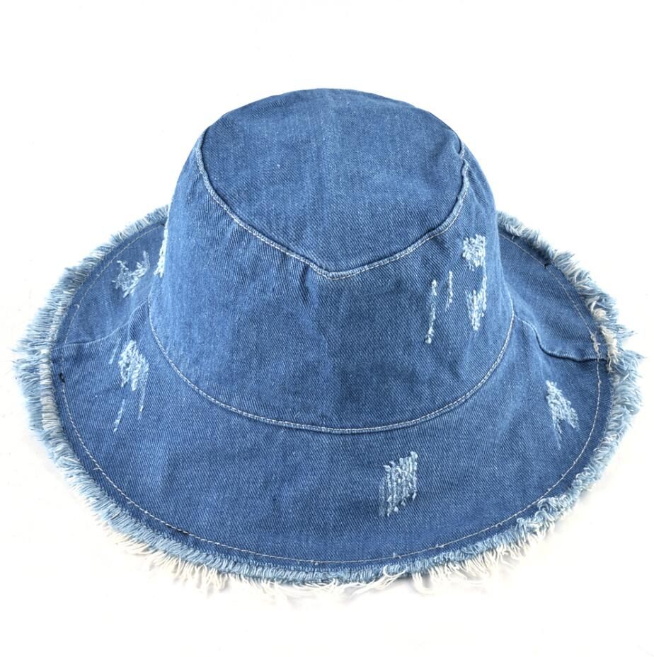 (56-58cm)Summer Washed Denim Sun Hat Women Fashion Tassel Floppy Cap Ladies